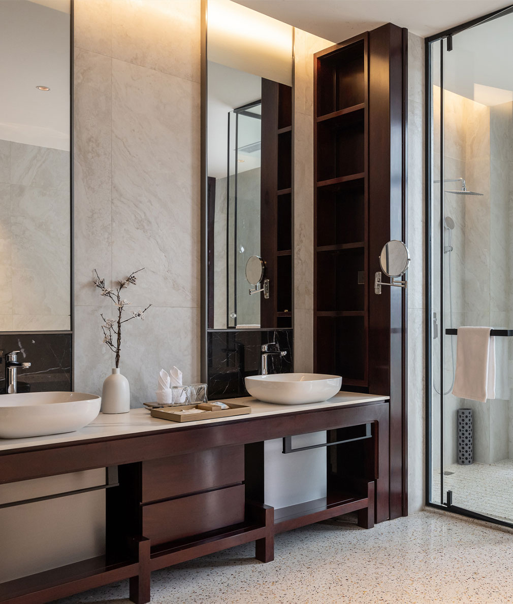 Modern bathroom with wood counter