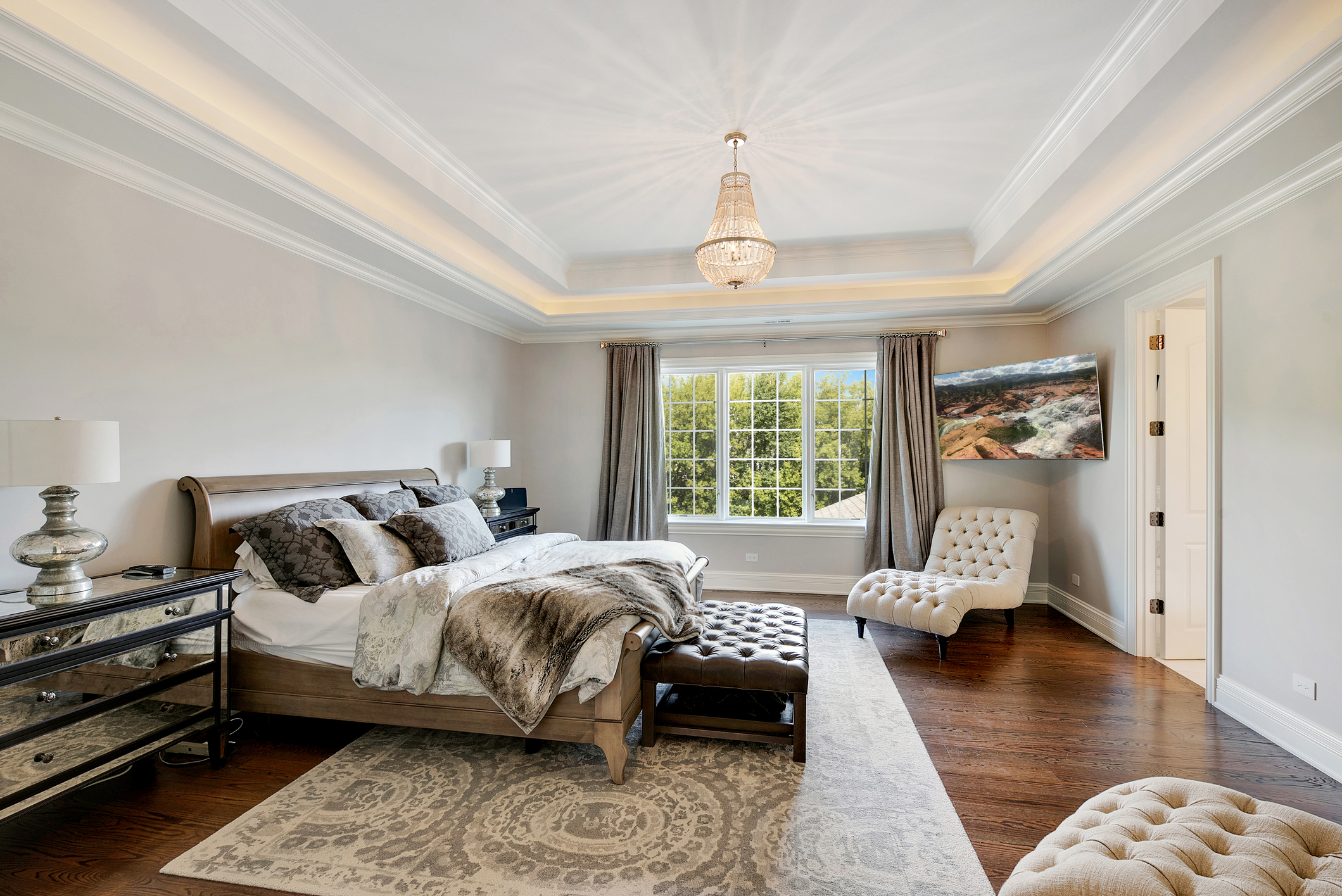 Coffered ceiling with LED lighting and hardwood floor